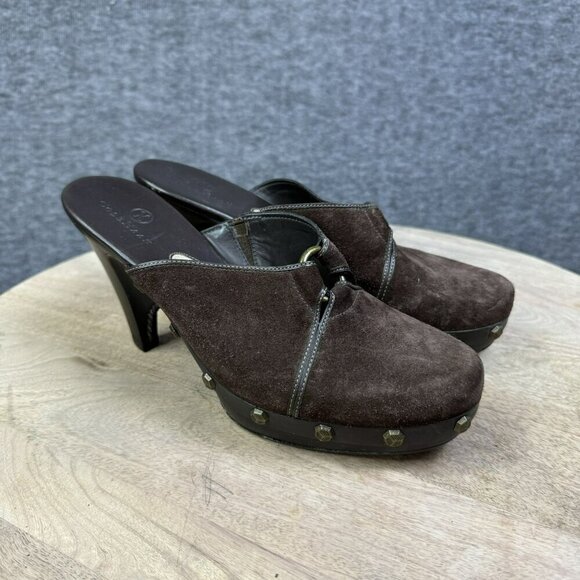 Cole Haan Womens Brown Suede Wooden‎ Mules Heels Clogs Studded Size 7 B - Picture 1 of 10